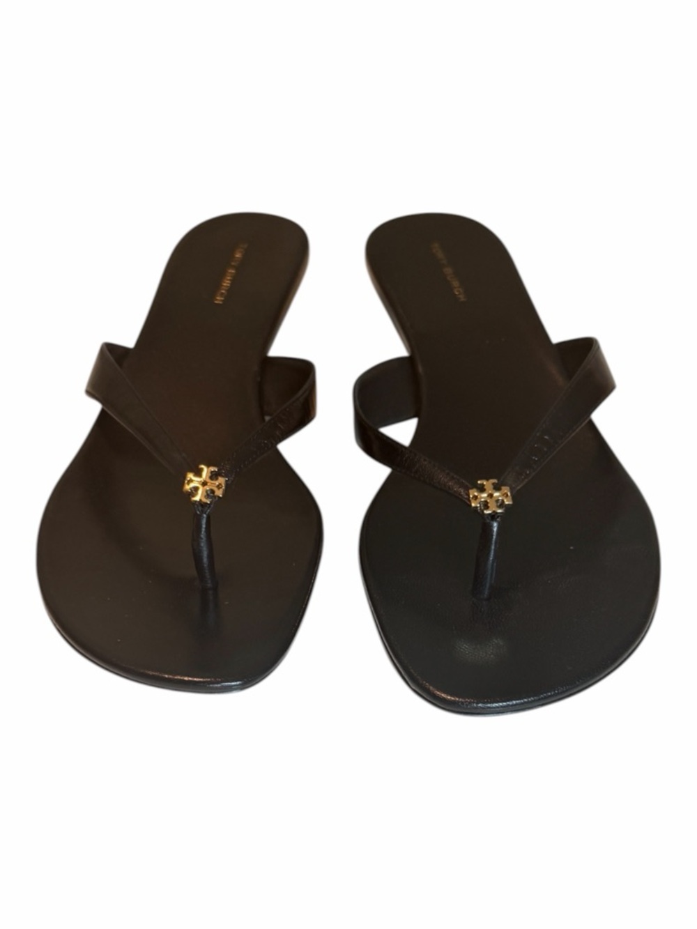 Tory Burch Capri 35mm Kitten Heel Thong Sandals Black Gold Logo Size 10 NIB